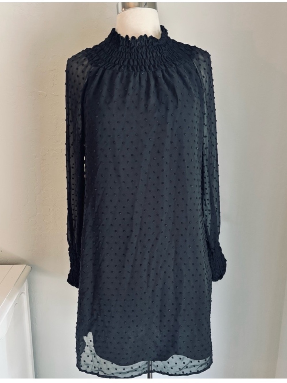Zara High Neck Smocked Swiss Dot Long Sleeve Chiffon Shift Dress, Black, Size XS